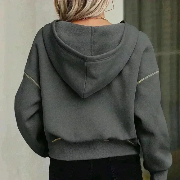 Dark Grey Casual Women's Half-Zip Hooded Sweatshirt - Picture 3 of 6